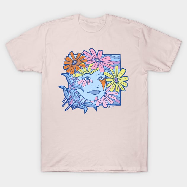 Wavy Square with woman's face and pastel colored daisies T-Shirt by Julia Moon